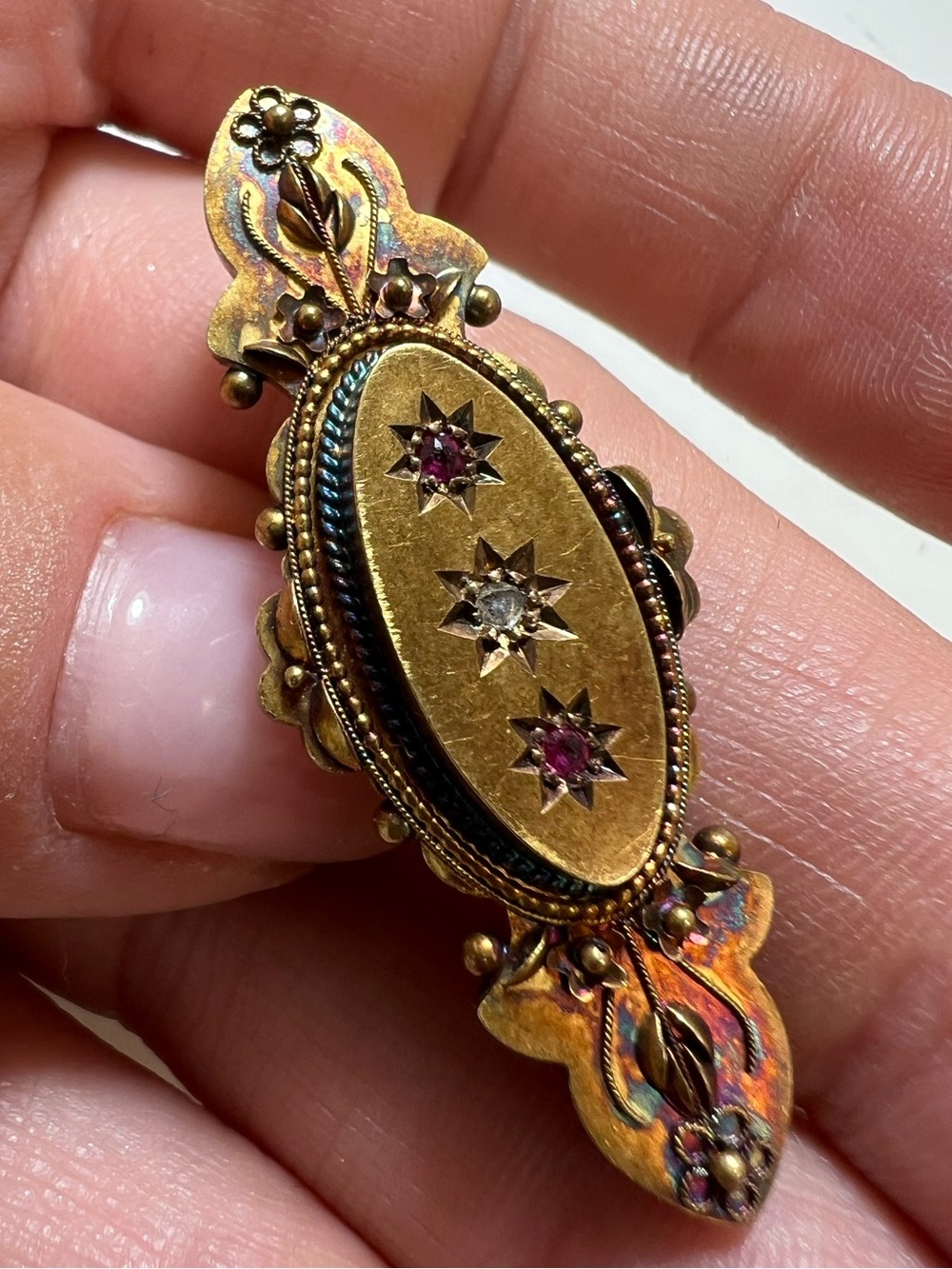 Antique Edwardian Hallmarked 15K Bar Brooch Antique Cut Diamond & 2 Rubies
